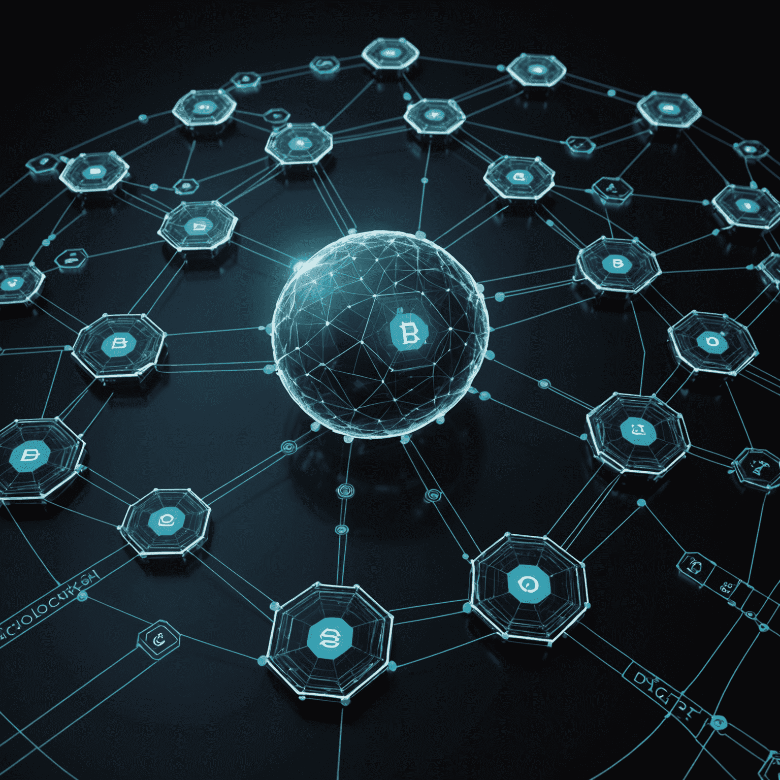 Futuristic visualization of blockchain network with digital assets floating in a virtual space, emphasizing the interconnectedness and potential of blockchain technology in trading