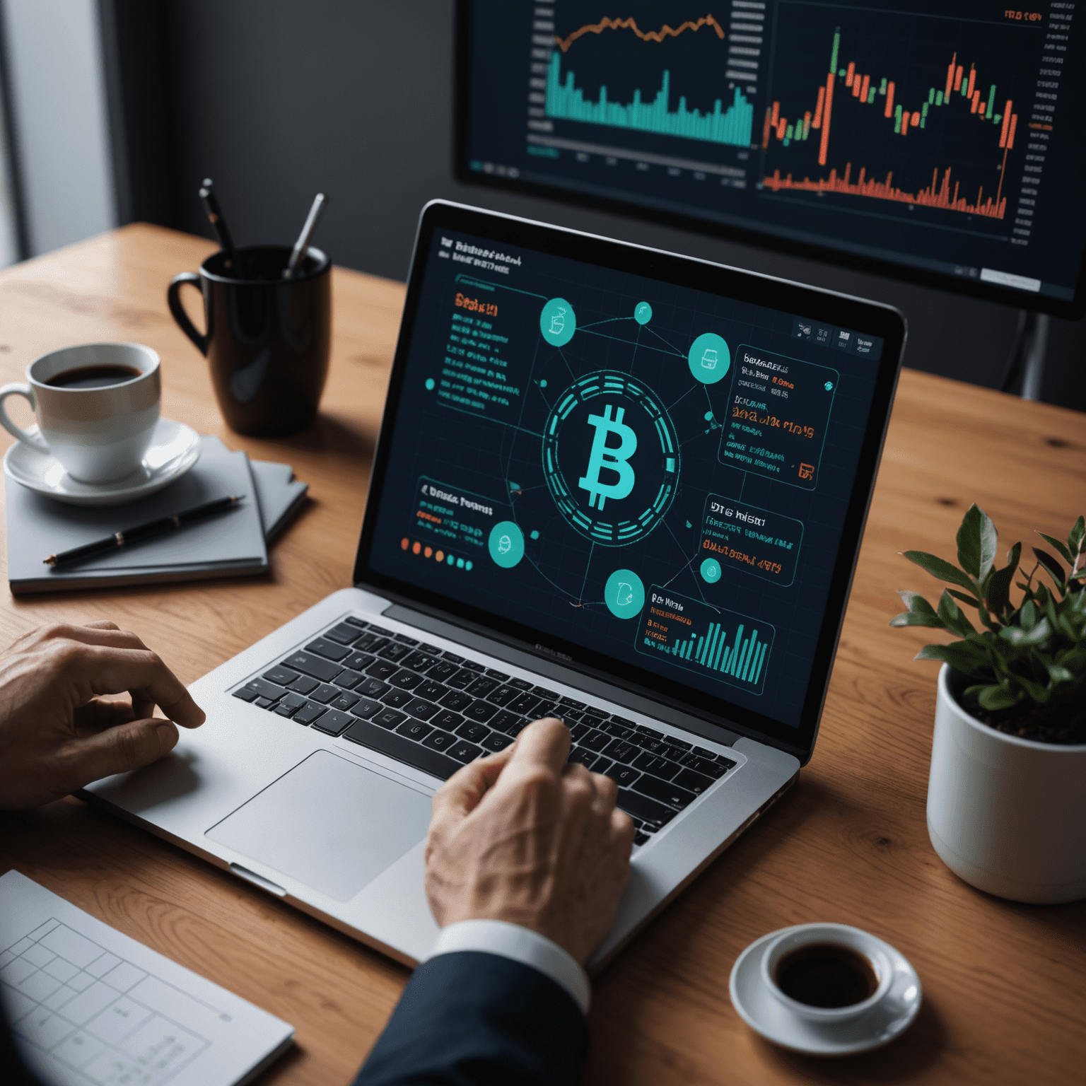 Illustration of digital smart assets being developed and optimized for trading applications, showing code snippets, blockchain symbols, and trading charts