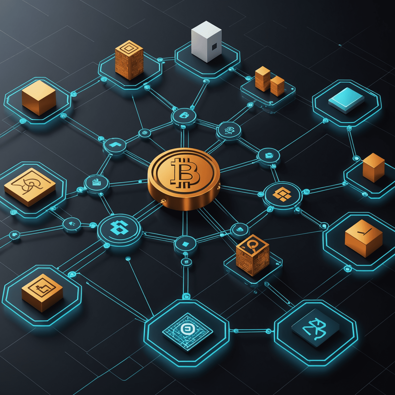 Illustration of digital smart assets with blockchain connections, showing various trading applications and decentralized finance symbols