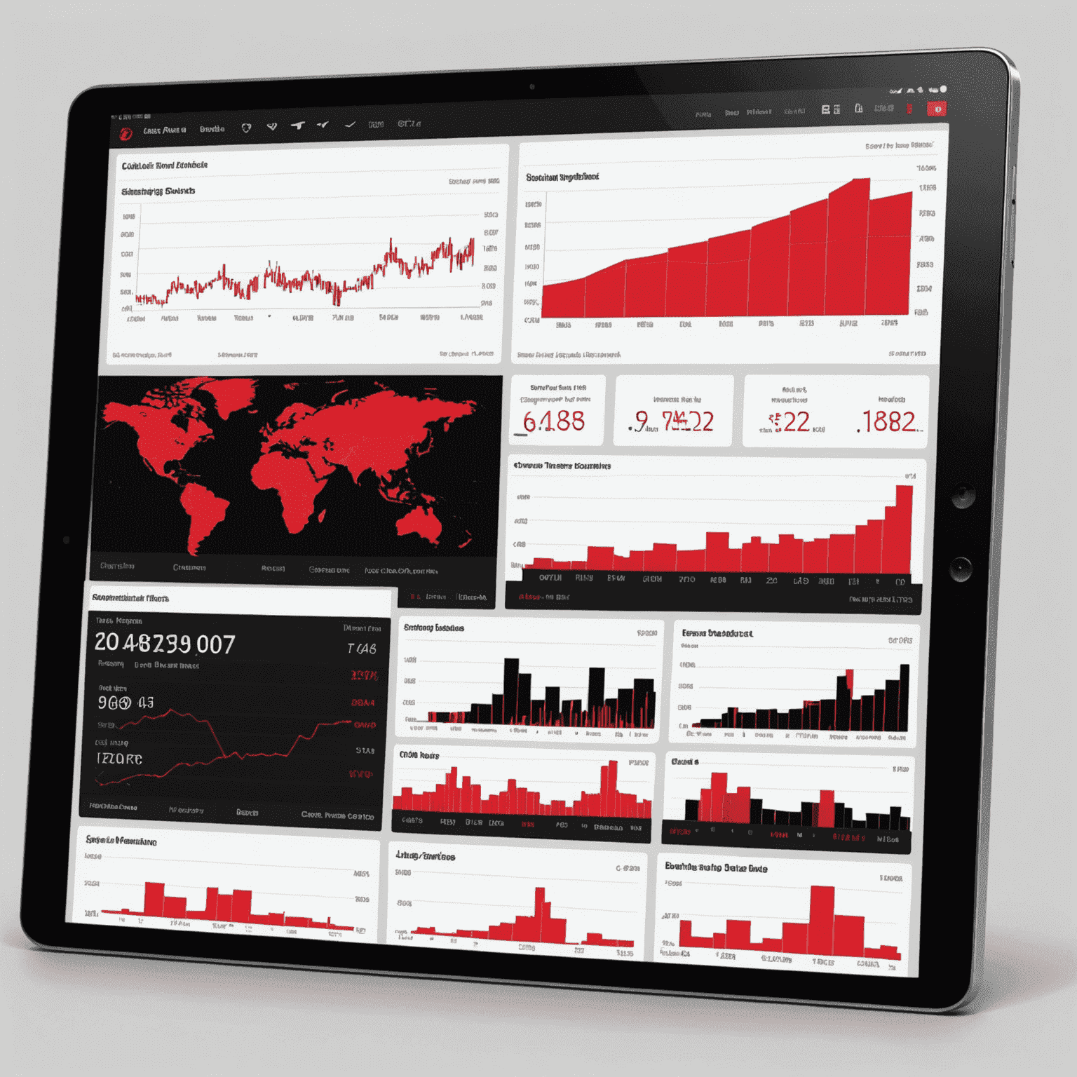 A sophisticated dashboard displaying various market data metrics, including trading volumes, price trends, and market sentiment indicators. The visualization uses a combination of line graphs, bar charts, and heat maps in shades of red, pink, and black on a white background.