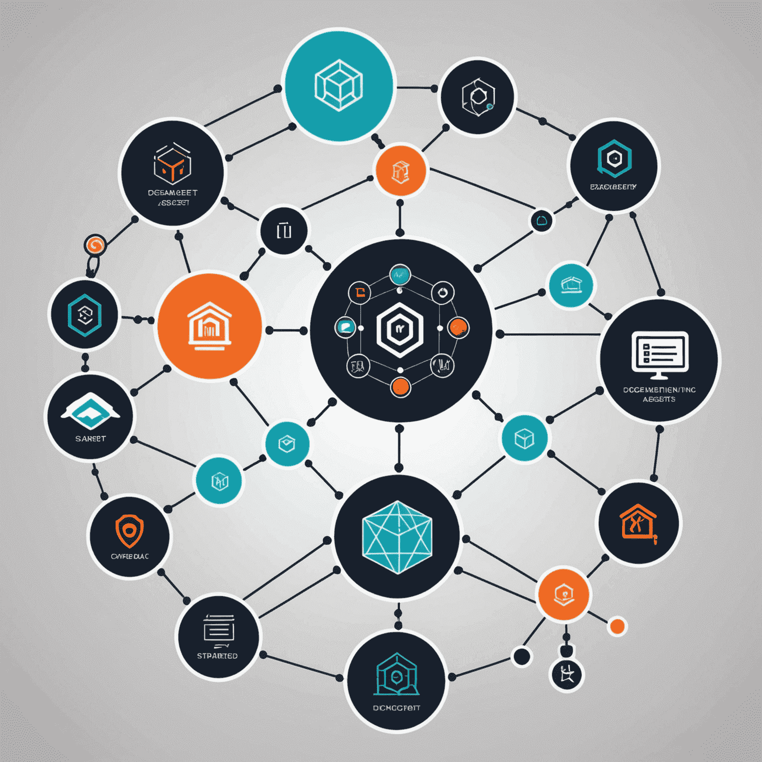 Visual representation of dApp integration with smart asset infrastructure. Shows interconnected nodes and data flows between decentralized applications and a centralized smart asset system.