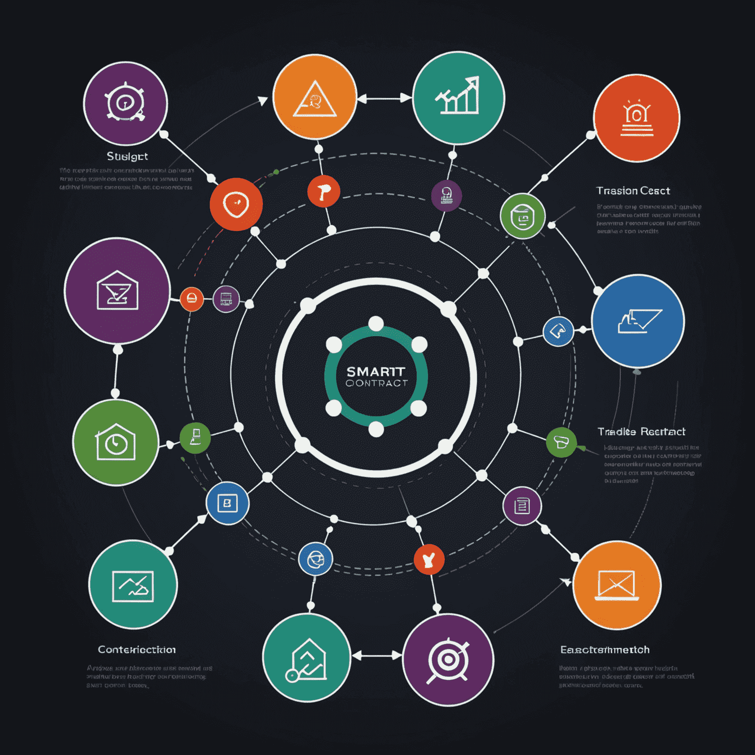 Diagram showing the process of smart contract automation in trading, with arrows connecting various stages from market analysis to trade execution