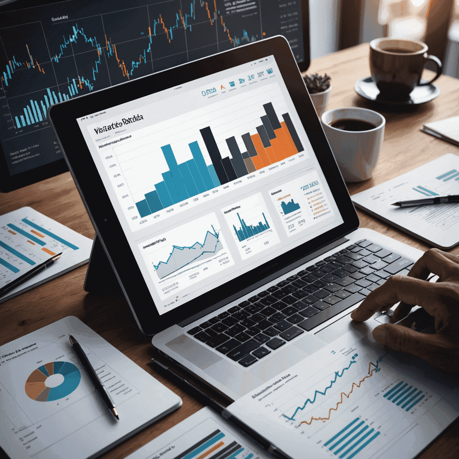 Visual representation of market data analytics with graphs, charts, and data points showcasing trading volumes and trends