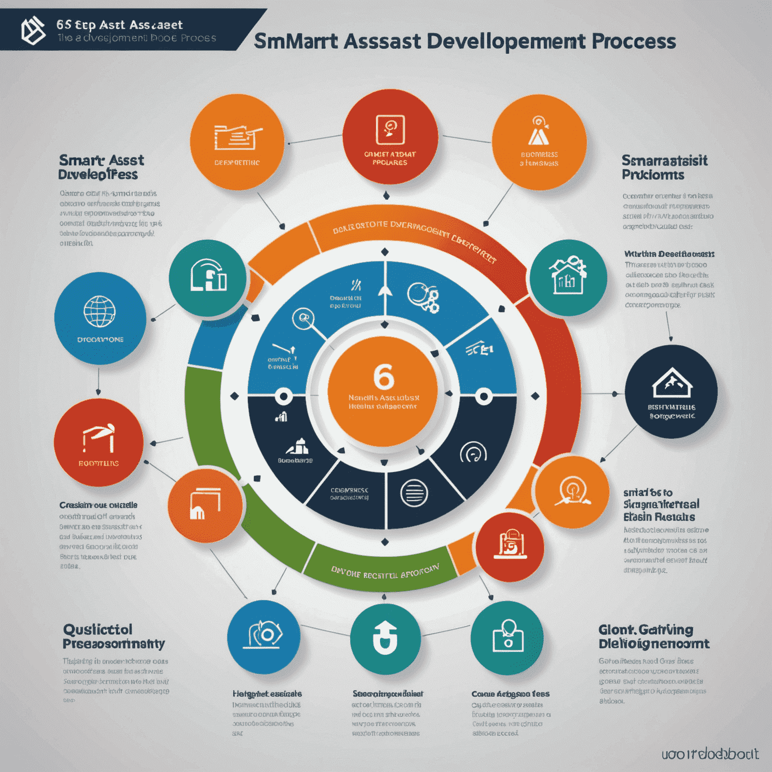 Infographic showing the 6-step smart asset development process, with icons representing each stage from analysis to ongoing support