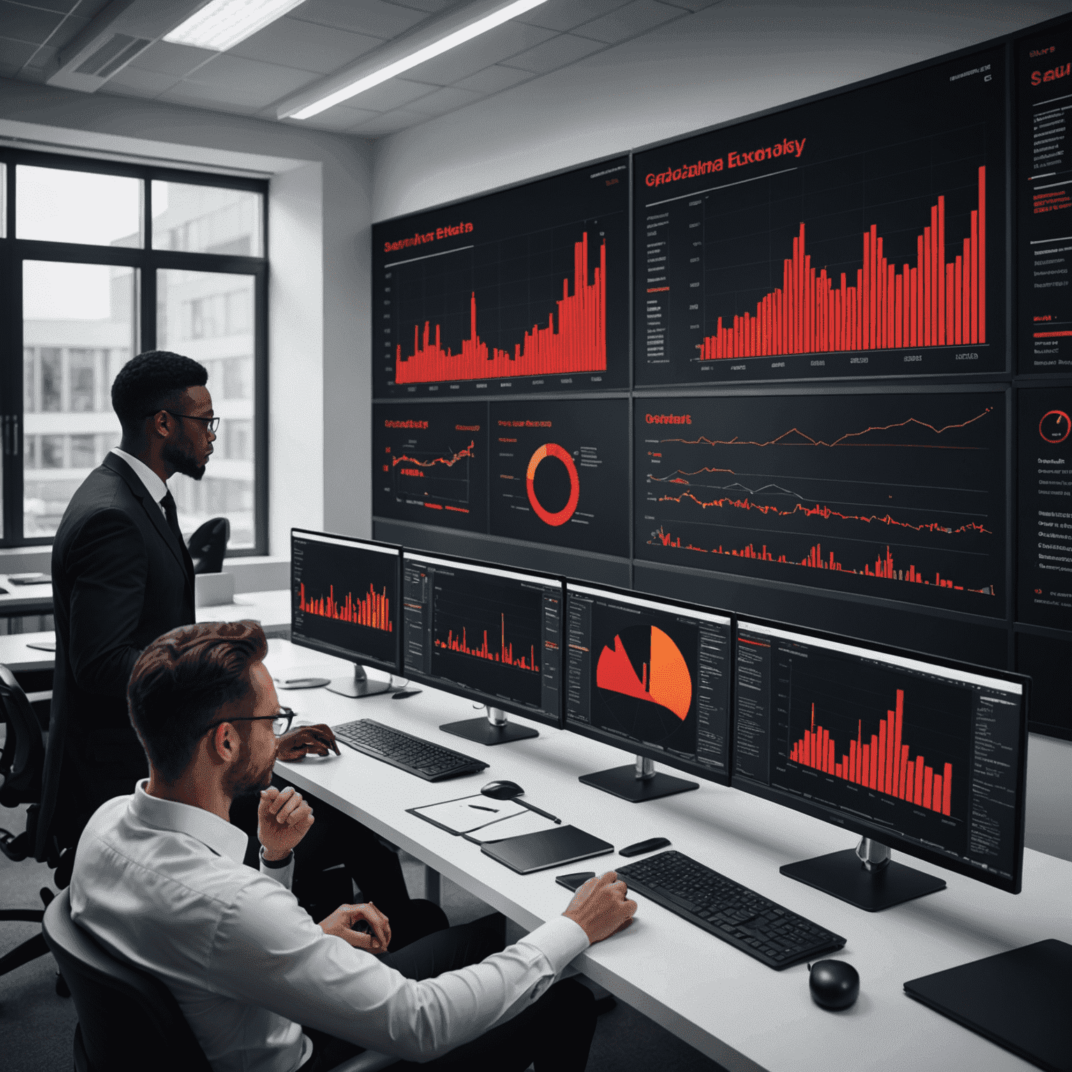 A team of analysts reviewing market data on large screens, pointing out key trends and patterns. The image showcases a modern office setting with red and black accents, emphasizing the strategic nature of market data analysis.