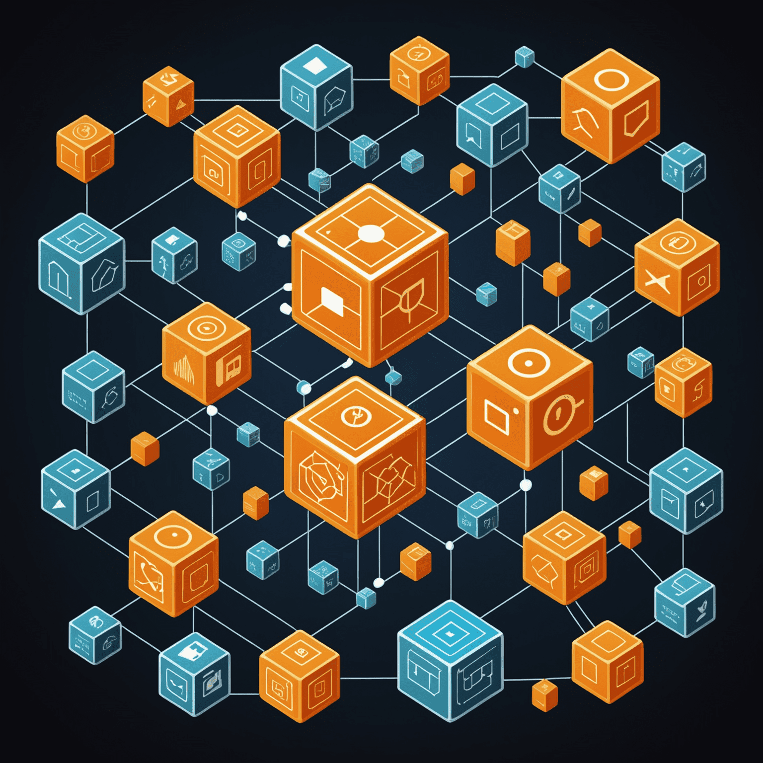 A visual representation of blockchain solutions, showing interconnected blocks with icons representing various industries benefiting from blockchain technology